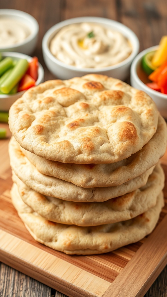Freshly baked whole wheat pita bread stacked on a cutting board with hummus and vegetables in the background.